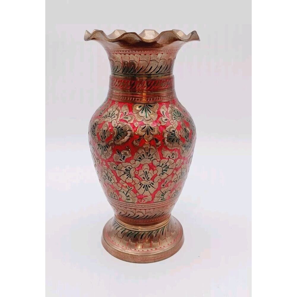 Vintage Etched Brass Vase Ornate Engraved Brass India Red Detail 8.5in